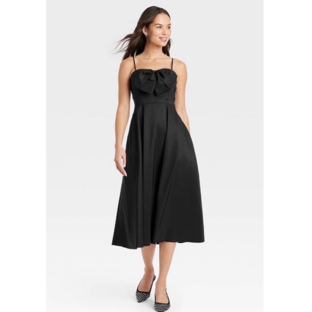 A New Day Bow Front Midi Dress sz 8 Black Adjustable Straps Pockets Sleeveless